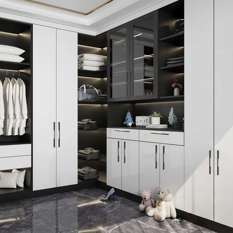 Modern closet with 10 Inch Hole Center Matte Black Cabinet Pulls Set of 5 Modern Bar Handles on white doors