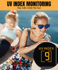 Two people sitting outdoors with a UV index monitoring display showing 9 for sun safety.