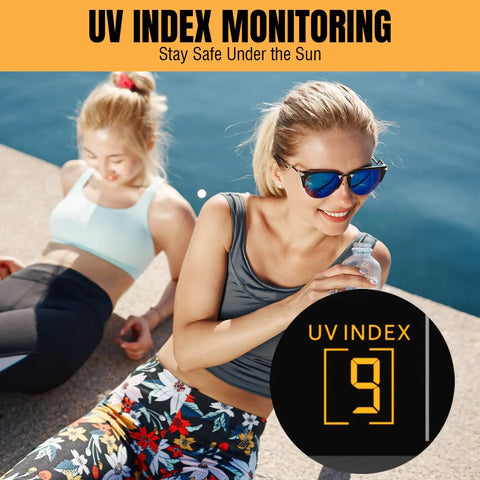 Two people sitting outdoors with a UV index monitoring display showing 9 for sun safety.