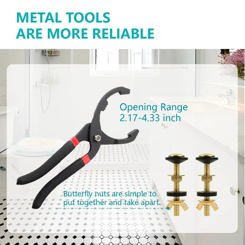 2 Inch Dual Flush Toilet Repair Kit With Metal Tool And Bolt showing pliers and bolts on bathroom background