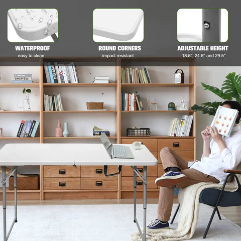Sturdy 4 Foot Portable Folding Table That Folds In Half, Heavy Duty Plastic Utility Desk set up in a living room, adjustable height shown.