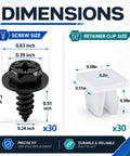 Dimensions of Genuine Fit 30 Piece Bumper Screw And Nylon Grommet Kit For Splash Shield And Fender Liner Repairs with sizes listed.