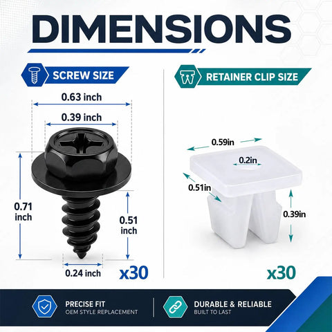 Dimensions of Genuine Fit 30 Piece Bumper Screw And Nylon Grommet Kit For Splash Shield And Fender Liner Repairs with sizes listed.