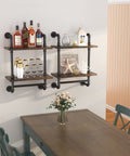 Heavy Duty Two Tier Industrial Pipe Wall Shelves With Rustic Wood And Vintage Towel Bar Straight Up Awesome Go To Storage Option For Bathroom And Farmhouse Living Room Decor, featuring bottles and decor items.
