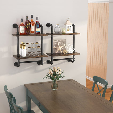 Heavy Duty Two Tier Industrial Pipe Wall Shelves With Rustic Wood And Vintage Towel Bar Straight Up Awesome Go To Storage Option For Bathroom And Farmhouse Living Room Decor, featuring bottles and decor items.
