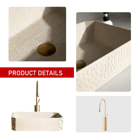 Modern Artistic Bathroom Vessel Sink - Above Counter Ceramic Washbasin for Indoor/Outdoor Use, Includes Accessories with gold faucet.