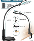 Go-To Hands Free Magnifier Lamp With Gooseneck Stand And LED Light; features flexible neck, HD glass lens, adjustable clamp.