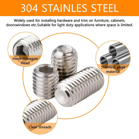 Set Screw Assortment Kit 300 Pcs 24 Sizes Metric And SAE Allen Screws showing stainless steel material and hexagon head