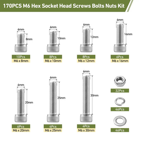 170 Piece M6 Screws Set In 304 Stainless Steel Hex Socket Head Cap Screws Bolts With 7 Lengths Includes 32 Nuts And 46 Lock Washers