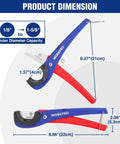 Side view of Versatile PEX And Hose Cutter with 1/8 to 1-5/8 inch cutting capacity, showing 30 and 45 degree angles for precise cuts.