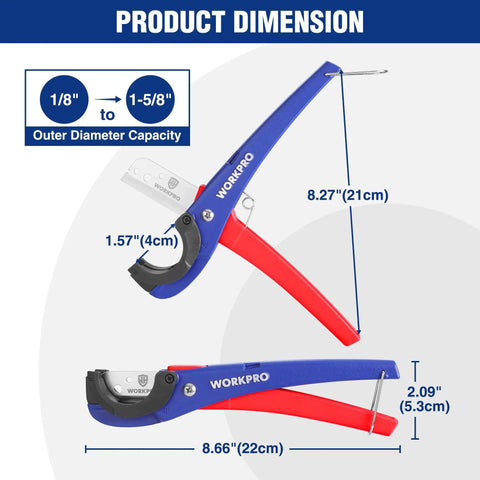 Side view of Versatile PEX And Hose Cutter with 1/8 to 1-5/8 inch cutting capacity, showing 30 and 45 degree angles for precise cuts.