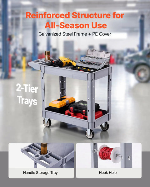 Beefy Heavy Duty Utility Cart With Two Tier Shelves 550 Lbs Capacity Heavy Plastic Rolling Cart With 360 Degree Swivel Wheels And Two Brakes Tool Storage Tray For Garage Workshop And Warehouse, 2-tier gray cart with tools