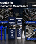 Top Tier Automotive Engine Sealant For Super High Temps Fixes Leaks Seals Gaskets And Fills Small Gaps On Multi Purpose Car Engine Parts And Joints in a workshop display.