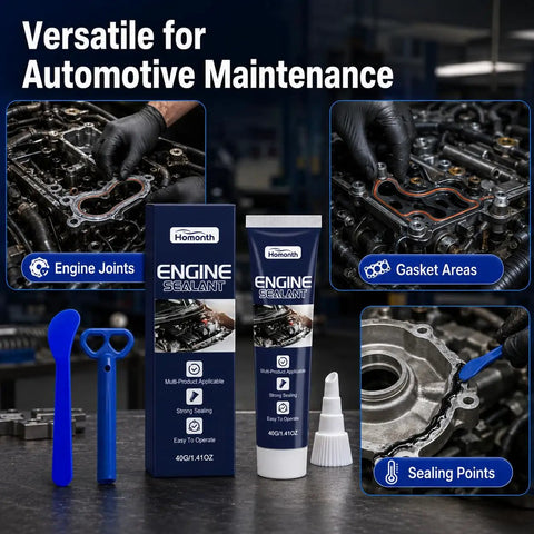 Top Tier Automotive Engine Sealant For Super High Temps Fixes Leaks Seals Gaskets And Fills Small Gaps On Multi Purpose Car Engine Parts And Joints in a workshop display.