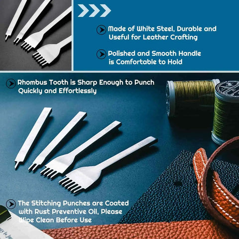 All-In-One 35-Piece Leather Sewing Kit With Hole Punch Prongs, waxed thread, and tools displayed on a table