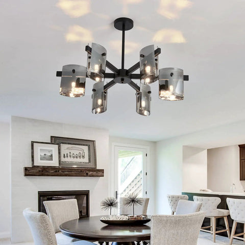 Six Light Black Glass Chandelier Pendant Lighting Mid Century Ceiling Fixture in modern living room setting.
