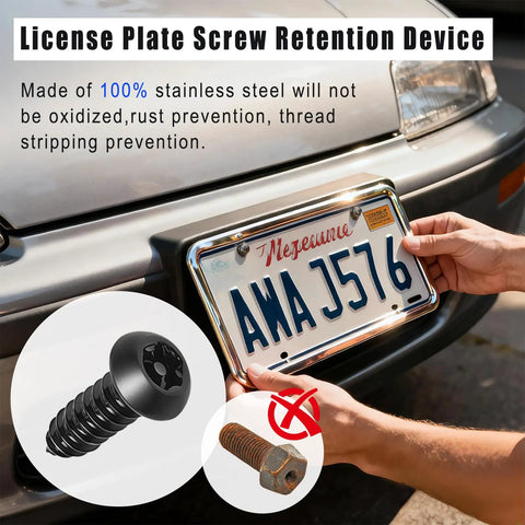 Person installing Anti Theft License Plate Screws Kit Heavy Duty Stainless Steel Security Bolts on car license plate holder.