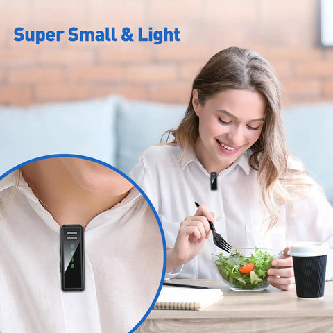 Woman wearing Wireless Lavalier Microphone For Android, PC, Laptop, And iPhone 15 16 With Noise Cancellation, eating salad