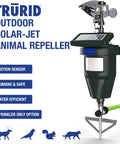 Motion Activated Yard Sprinkler System For Deer And Cat Deterrence Skunk Raccoon And Dog Repellent Outdoor Water Sprinkler in green with solar panel and metal stake