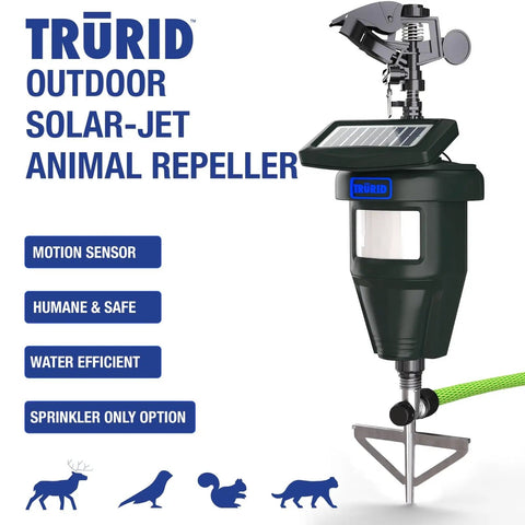 Motion Activated Yard Sprinkler System For Deer And Cat Deterrence Skunk Raccoon And Dog Repellent Outdoor Water Sprinkler in green with solar panel and metal stake