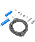 Heavy Duty Steel Drain Auger Cable With Six Removable Cutting Blades And Extended Ten Foot Reach For Knocking Out Stubborn Plugs From Kitchen Sink Lines To Bathroom Pipes Without Breaking A Sweat, includes steel cable and cutting blades.