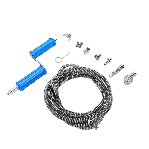 Heavy Duty Steel Drain Auger Cable With Six Removable Cutting Blades And Extended Ten Foot Reach For Knocking Out Stubborn Plugs From Kitchen Sink Lines To Bathroom Pipes Without Breaking A Sweat, includes steel cable and cutting blades.