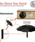 Handcrafted Rustic Round Head Two Inch Decorative Nails 50 Pack Black with dimensions next to a US quarter for scale.