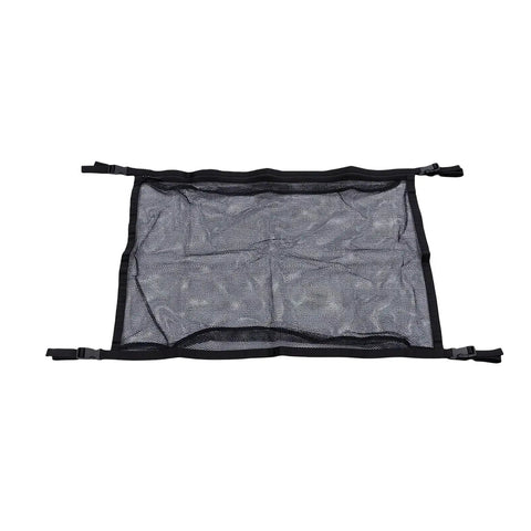 Double Layer Car Ceiling Cargo Net For SUV Truck Van, Roof Storage Organizer, black mesh with buckles, top view.
