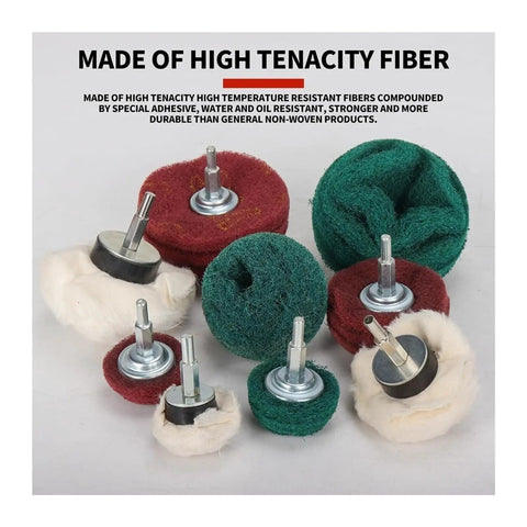 10 Piece Premium Non Woven Abrasive Buffing Wheel Set With 1/4 Inch Shank for polishing with high tenacity fiber wheels.