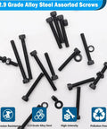 540-Piece M2 M3 Hex Socket Head Cap Screw Bolt Nut Assortment Kit Features Dead Nuts Precision In 12.9 Grade Black Zinc Plated Alloy Steel Alongside Hex Keys For Sweet 3D Prints And DIY Wins. Assorted black alloy steel screws with nuts, showcasing 12.9 grade durability.