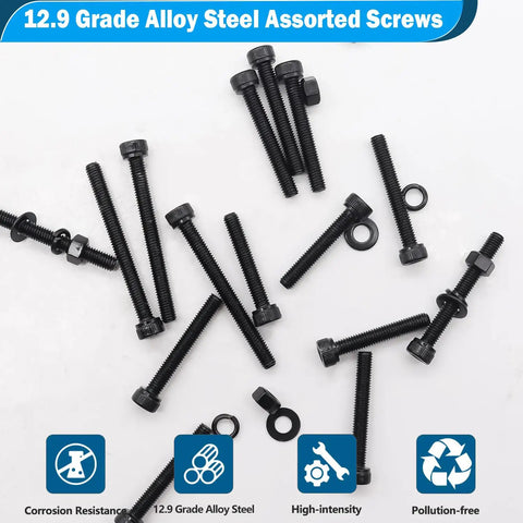 540-Piece M2 M3 Hex Socket Head Cap Screw Bolt Nut Assortment Kit Features Dead Nuts Precision In 12.9 Grade Black Zinc Plated Alloy Steel Alongside Hex Keys For Sweet 3D Prints And DIY Wins. Assorted black alloy steel screws with nuts, showcasing 12.9 grade durability.