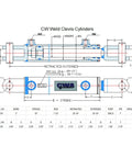 CW Weld Clevis Cylinder schematic with front and side views showing bore 3 in, stroke 10 in, rod 1.5 in, SAE 8 port.