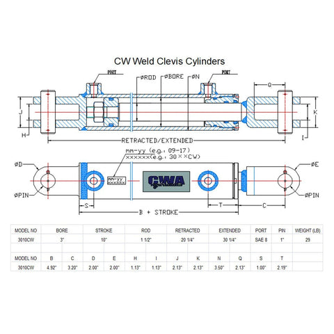 CW Weld Clevis Cylinder schematic with front and side views showing bore 3 in, stroke 10 in, rod 1.5 in, SAE 8 port.