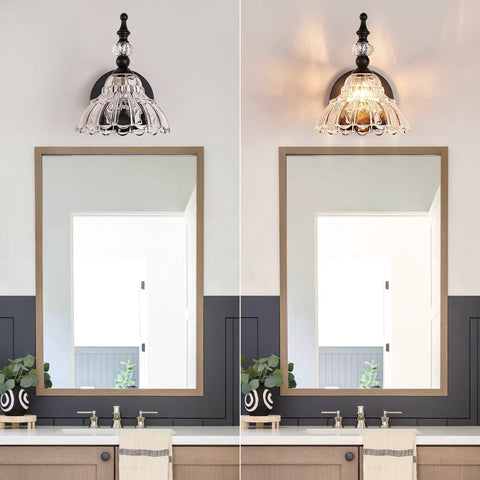 Matte Black Modern Bathroom Vanity Light Fixture Over Mirror Wall Sconces For Bedroom Hallway Living Room With Warm Soft White Led Glow And Easy Mount Dope Flower Shape Design shown above a mirror.