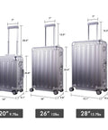 Three silver spinner suitcases in 20, 26, and 28 inch sizes with TSA locks; all aluminum carry on luggage with TSA locks hard shell spinner suitcase.