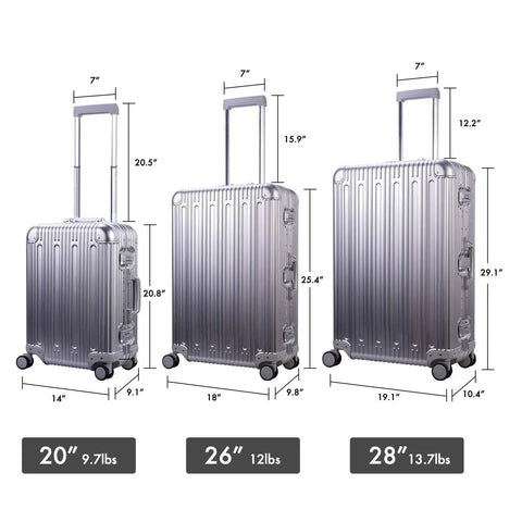 Three silver spinner suitcases in 20, 26, and 28 inch sizes with TSA locks; all aluminum carry on luggage with TSA locks hard shell spinner suitcase.