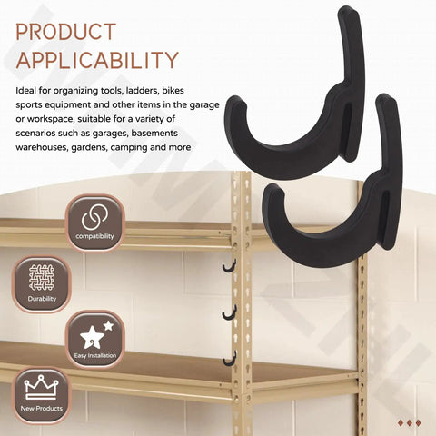 Close-up of Universal Hooks For Garage Shelving And Industrial Storage Racks With Keyhole Slots UV Resistant Holds Up To 40 Lbs Heavy Duty Reinforced Mounting Points Curved Hooks Prevent Items From Sliding Off Space Saving Design installed on shelving