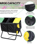 37 Gallon Garden Compost Tumbler With 360 Degree Rotation Dual Bin System with open lids, mixing bars, and aeration system visible