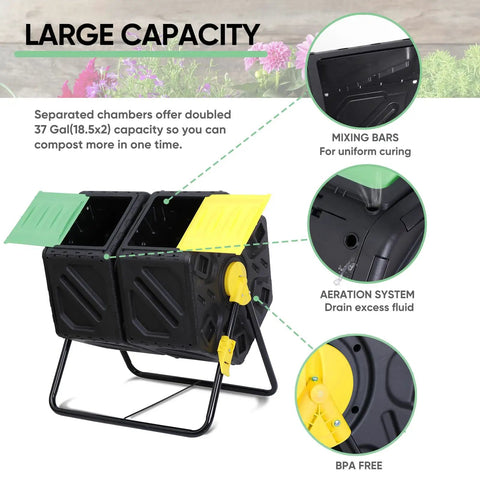 37 Gallon Garden Compost Tumbler With 360 Degree Rotation Dual Bin System with open lids, mixing bars, and aeration system visible