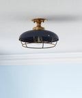 Industrial Caged Dome Metal Semi Flush Ceiling Light In Brushed Brass And Navy Blue For Living Rooms Hallways Kitchens And Entryways Old School Edison Bulb Vibe Durable Metal Cage Shade Hardwired