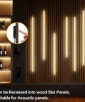 12V LED Cabinet Lighting Kit 10pcs Self-Adhesive Cuttable 6.56Ft 4000K installed in wooden slat panels for elegant lighting.