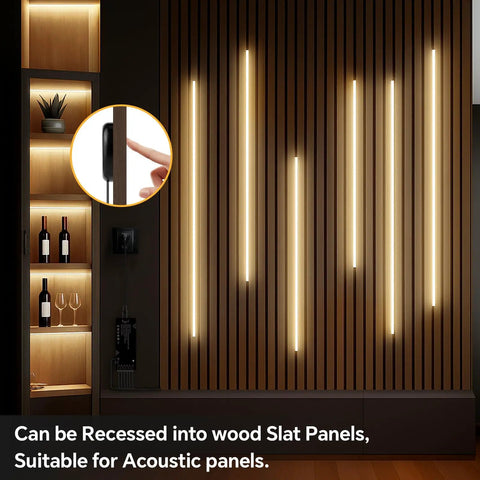 12V LED Cabinet Lighting Kit 10pcs Self-Adhesive Cuttable 6.56Ft 4000K installed in wooden slat panels for elegant lighting.