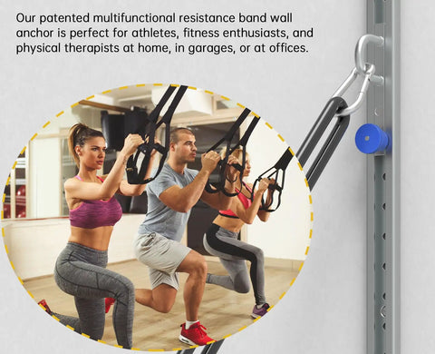 Wall Mounted Multi Functional Fitness Anchor System With Adjustable Resistance Bands Designed For A Compact Home Setup To Crush Reps And Level Up Your Daily Strength Training Routine In Blue, showing users exercising with resistance bands.