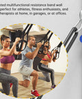 Two people using the Heavy Duty Wall Mount Resistance Band Anchor Track for workouts, adjustable rail visible.