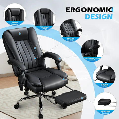 Massaging Office Chair With Foot Rest And Heat, 6 Point Vibration, Ergonomic Big And Tall Desk Chair For 500lbs with recline and footrest
