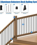 CKE Aluminum Balusters Deck Railing System with wood posts, black aluminum balusters, and bracket connectors for stairs.