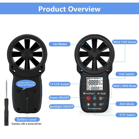 Digital Handheld Wind Speed Meter With Temperature And Wind Chill Readouts, High Precision Anemometer For HVAC, Camping And DIY Projects, Measures 0.67 To 67.1 Mph With About 2 Percent Accuracy, front view with LCD and buttons