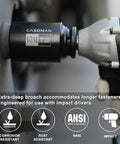 One Half Inch Drive Deep Spindle Axle Nut Impact Socket Set CrMo Six Point For One And Three Eighths To One And Three Quarters Inch Axles Extra Deep For Longer Fasteners Built For Impact Wrenches Seven Piece in use with impact driver, showing corrosion resistance.
