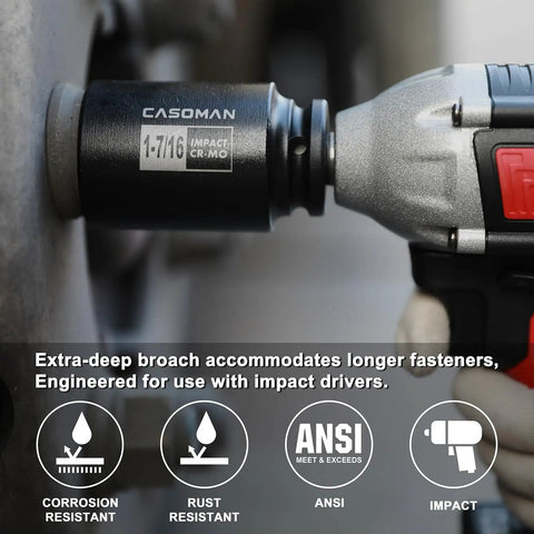 Eight Piece Deep Impact Socket Set With Three Quarter Inch Drive SAE From One Inch To One And A Half Inch Six Point Heavy Duty Chrome Molybdenum Steel With Black Oxide Finish Built For Tough Auto And Machinery Bolt Jobs in use with impact driver