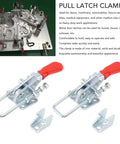 Heavy Duty Iron 2 Pack Quick Release Toggle Latch Clamps with red handles for secure pull locking, 7.5x3x3cm, ideal for heavy doors.